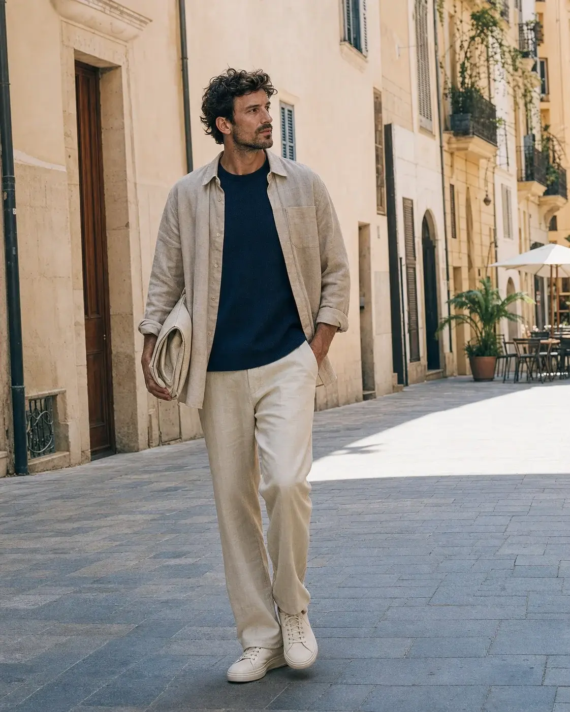 Hombre con sobrecamisa arena, camiseta marina y pantalón claro caminando por la ciudad.